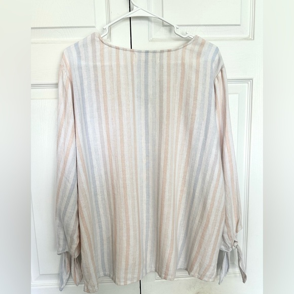Cloth & Stone Anthropologie Linen Blend Sparkle Striped Top Tie Sleeve-V Neck-XL - Picture 8 of 10